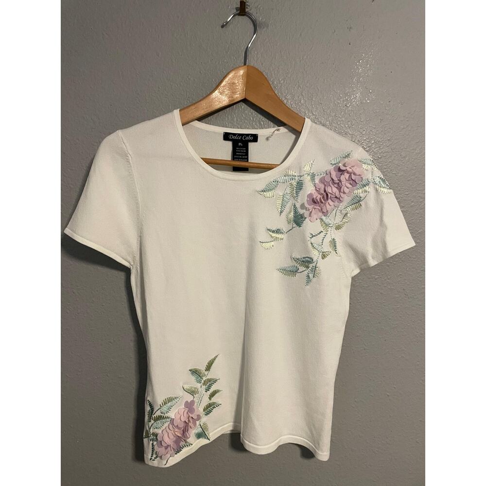 Dolce Cabo Shirt Womens Petite Large White Floral Embroidered Cottagecore Y2K